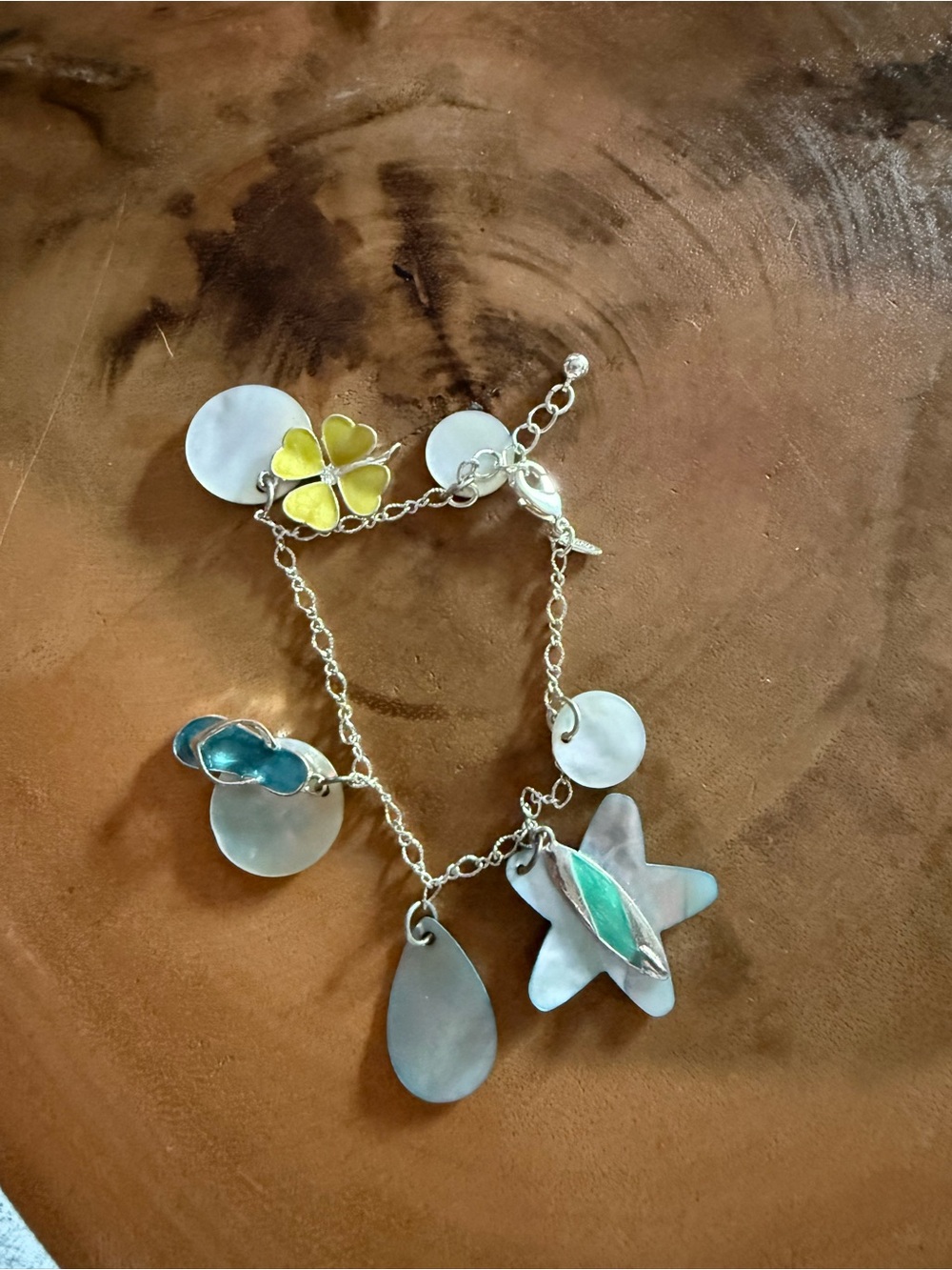 Silver Charm Bracelet with Yellow Flower and Turquoise Accents